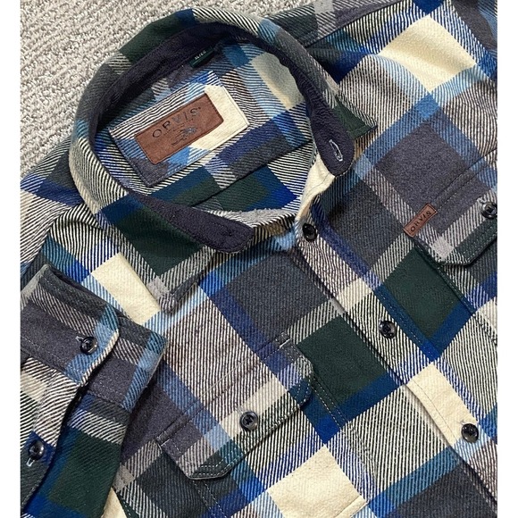 ORVIS Flannel Shirt Men XL Plaid Blue Green Check Heavyweight Shacket Pocket‎ - Picture 1 of 9